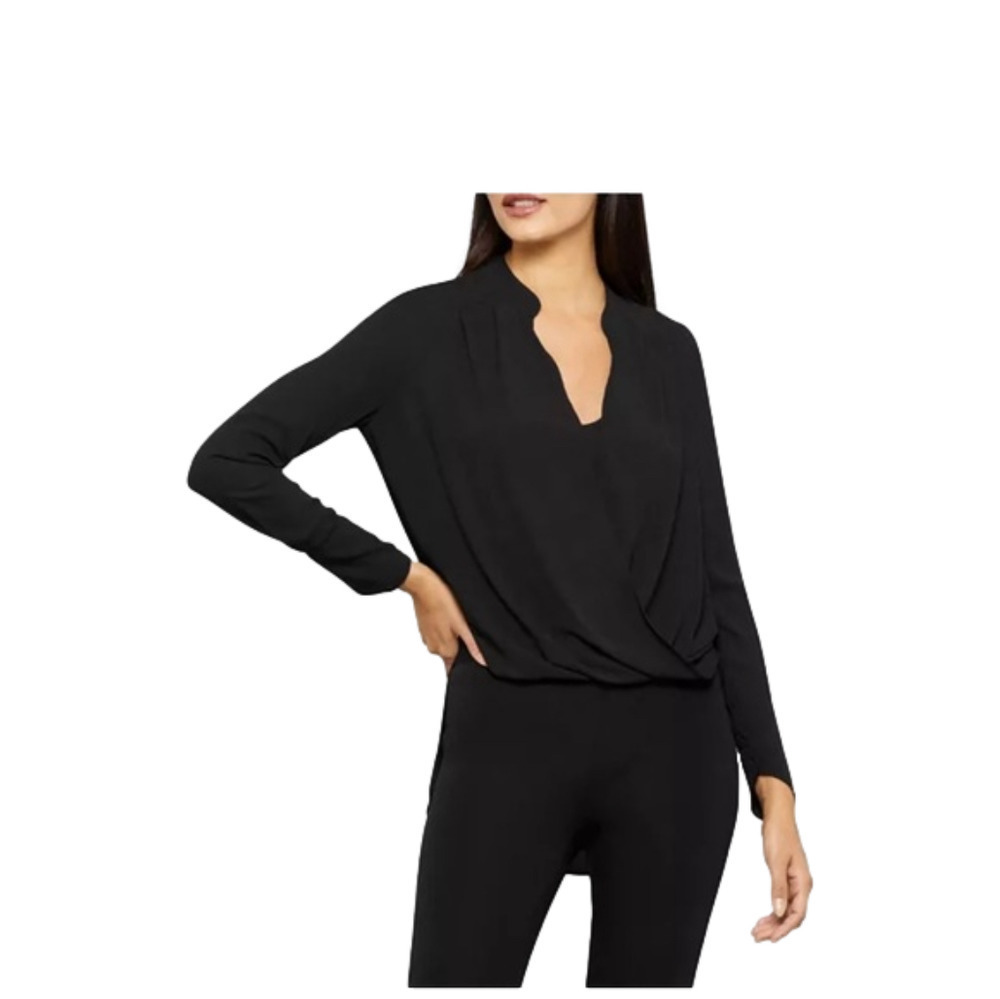 New BCBGMaxAzria Black Blouse, Jaclyn Drape Surplice High Low